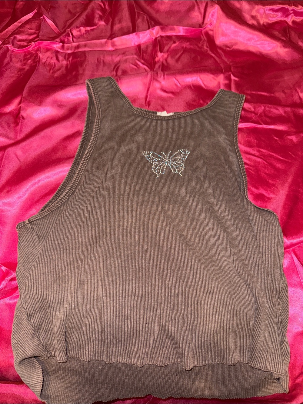 Garage Brown Ribbed Tank Top with Rhinestone Butterfly